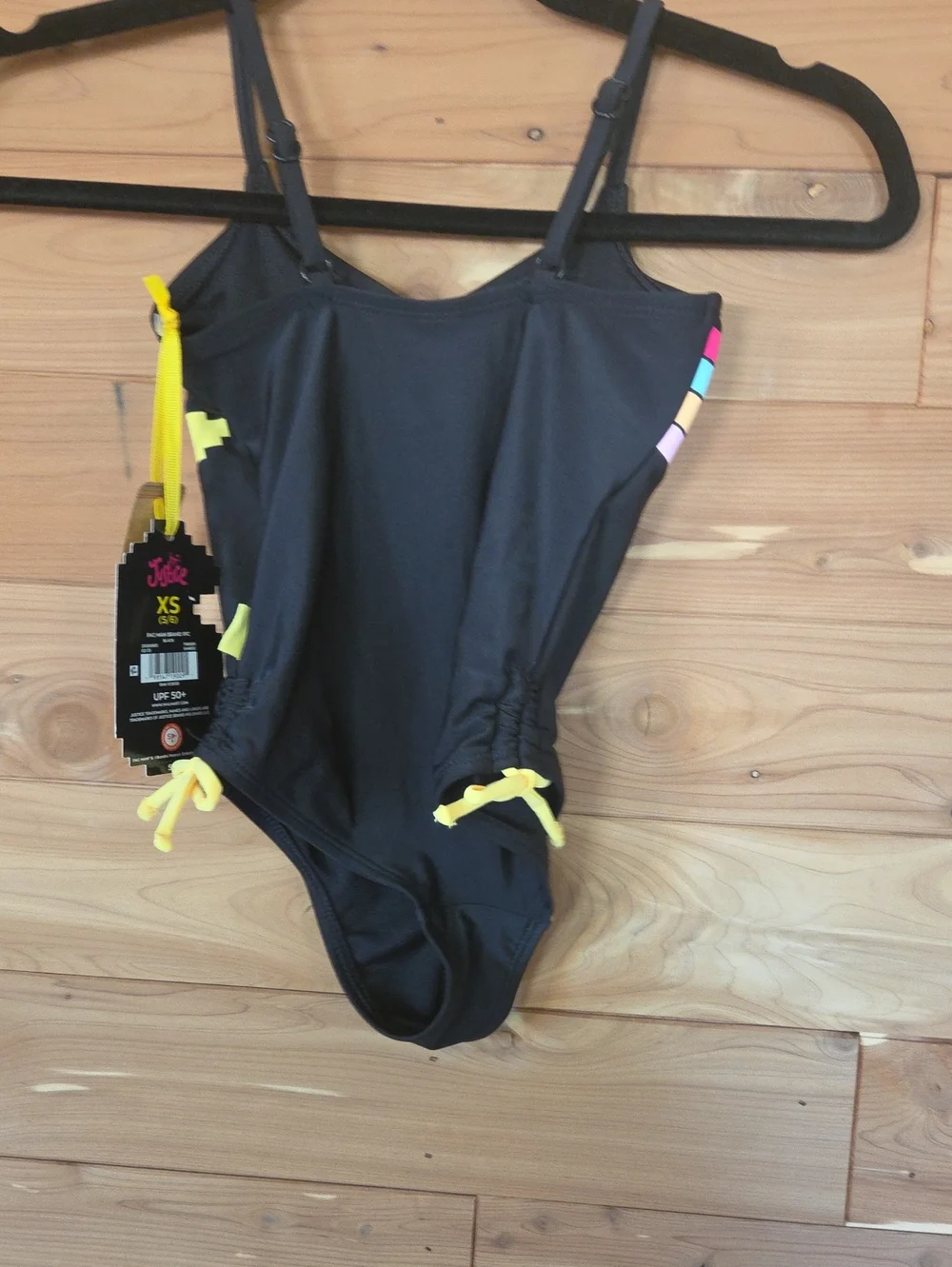 Justice Black One-Piece Swimsuit with Neon Pink, Aqua, Yellow & Lavender Stripes